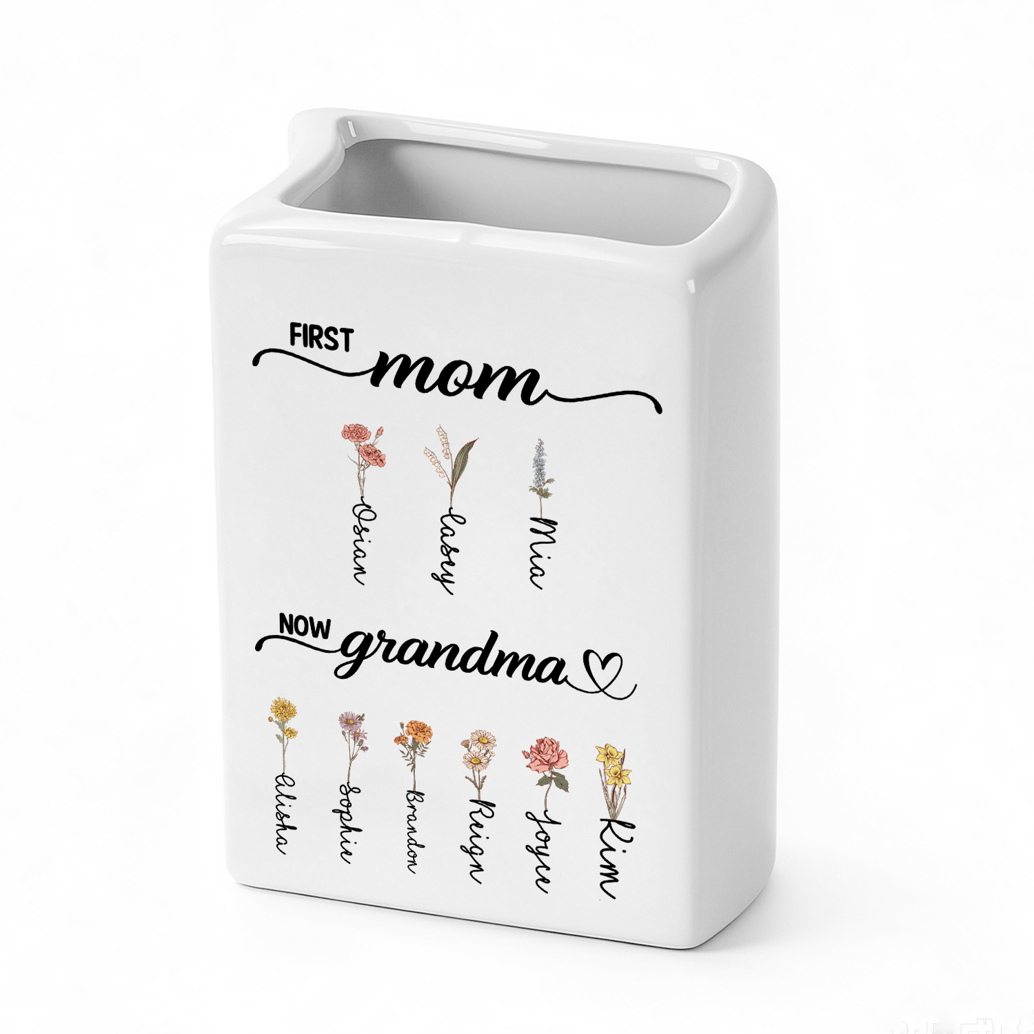 Personalized Ceramic Vase for Grandma Customized with 2-12 Names and Birth Flowers