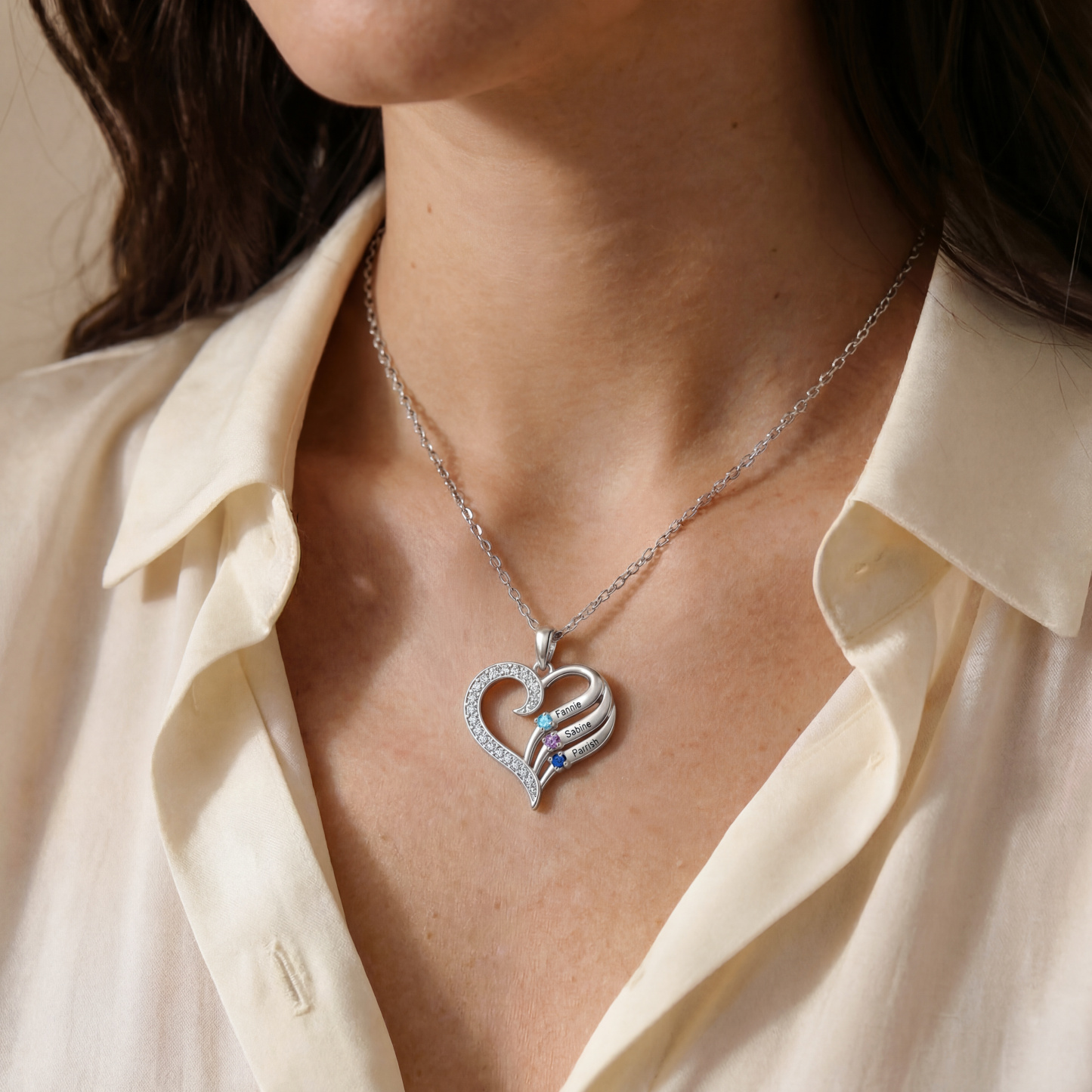 Personalized Heart Necklace with Birthstones Custom with 2–4 Family Names