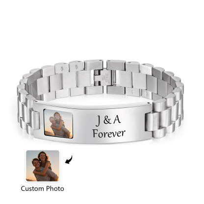 Personalized men's stainless steel ID bracelet with photo – custom bracelet with a photo and text, anniversary or birthday gift for dad, boyfriend, or husband | Jessemade