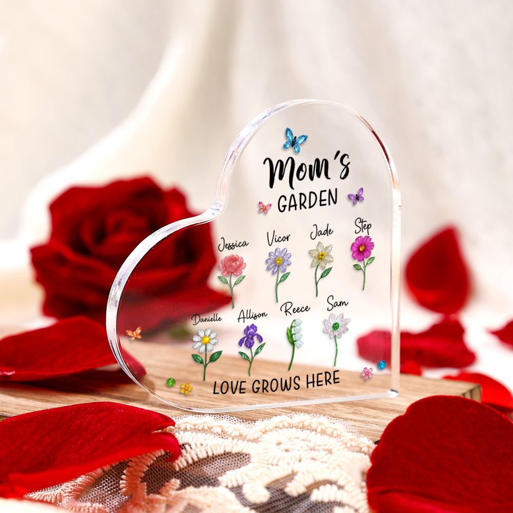 Personalized Heart-Shaped Acrylic Gift “Grandma’s Garden” with 1–10 Names and Birth Flowers for Grandmother’s Day from the Grandchildren | Jessemade