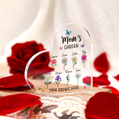 Personalized Heart-Shaped Acrylic Gift “Grandma’s Garden” with 1–10 Names and Birth Flowers for Grandmother’s Day from the Grandchildren | Jessemade