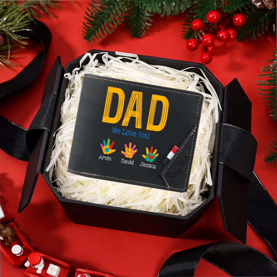 Personalized Leather Dad Wallet Custom Name Handprint Bifold Father’s Day Birthday Gift for Dad from Kids | Jessemade