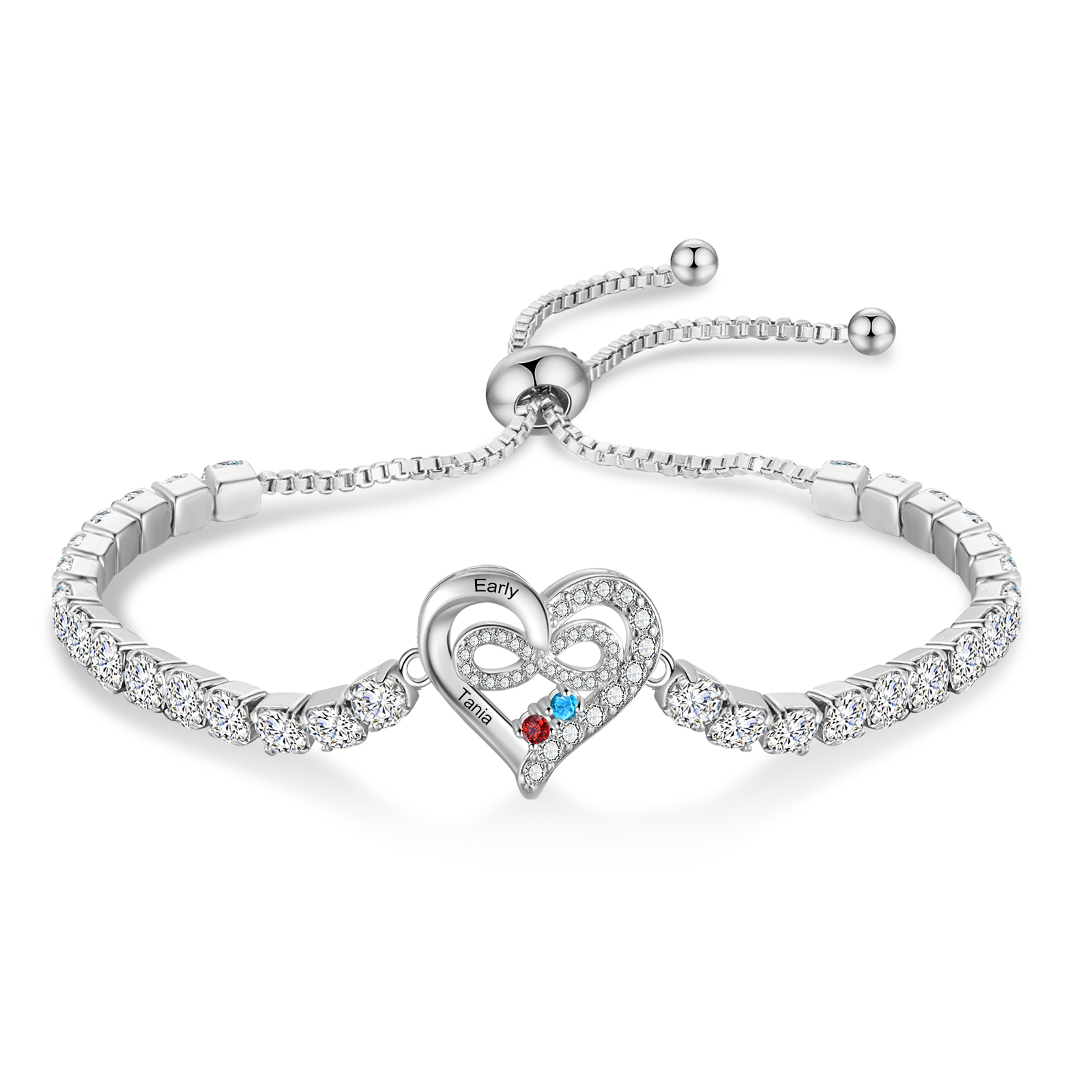 Heart bracelet with 2–4 customizable birthstones and names, personalized tennis bracelet with infinity heart, romantic birthday or Valentine’s Day gift for women or mothers | Jessemade