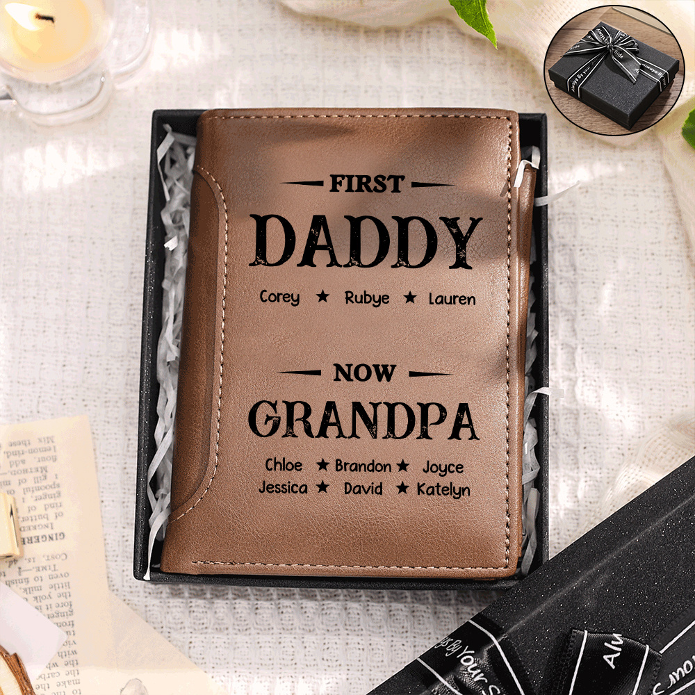 Personalized Men's PU Leather Wallet Trifold Leather Wallet First Dad Now Grandpa Custom with 2–14 Names, Father’s Day or Birthday Gift for Dad, Grandpa, or Grandfather | Jessemade