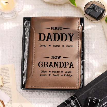 Personalized Men's PU Leather Wallet Trifold Leather Wallet First Dad Now Grandpa Custom with 2–14 Names, Father’s Day or Birthday Gift for Dad, Grandpa, or Grandfather | Jessemade