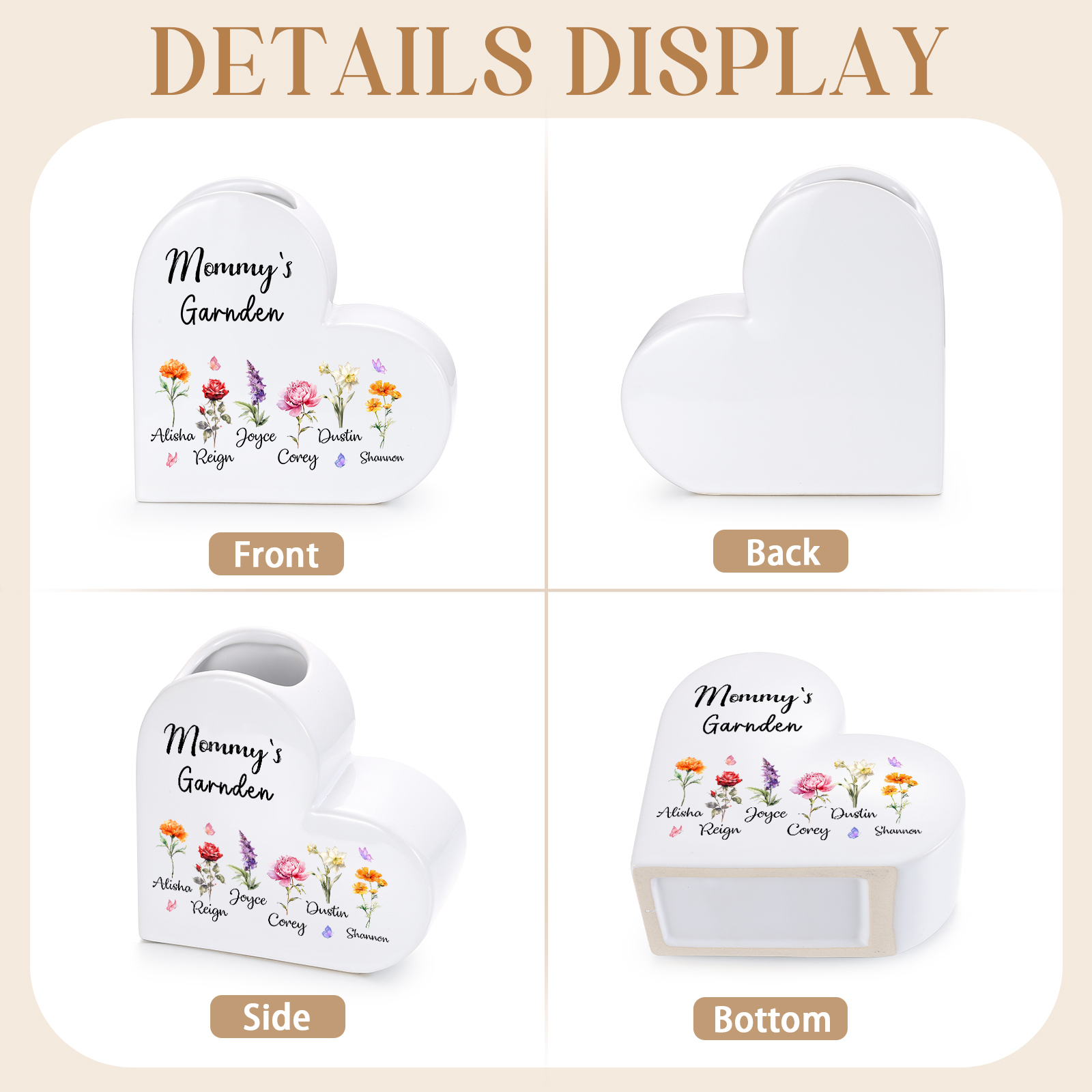 Personalized Heart Shaped Ceramic Vase Grandma’S Garden Custom With 1–12 Birth Flowers And Names