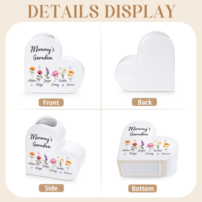 Personalized Heart Shaped Ceramic Vase Grandma’S Garden Custom With 1–12 Birth Flowers And Names