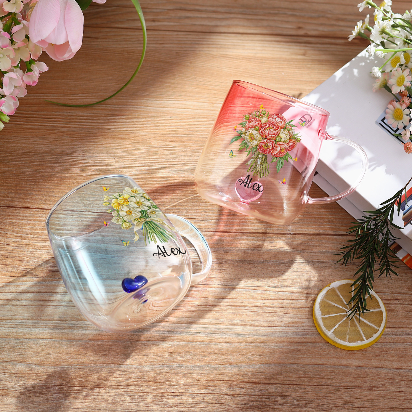 Custom Name Birth Flower Ombre Pink Glass Mug