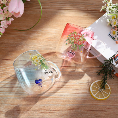 Custom Name Birth Flower Ombre Pink Glass Mug