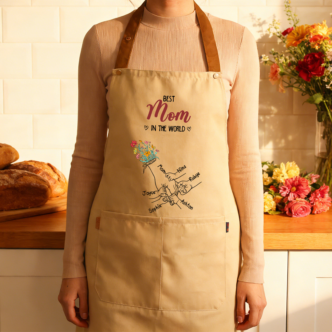 Personalized Floral Kitchen Apron Holding Hands Custom with 2–7 Names Gift for Mom or Grandma