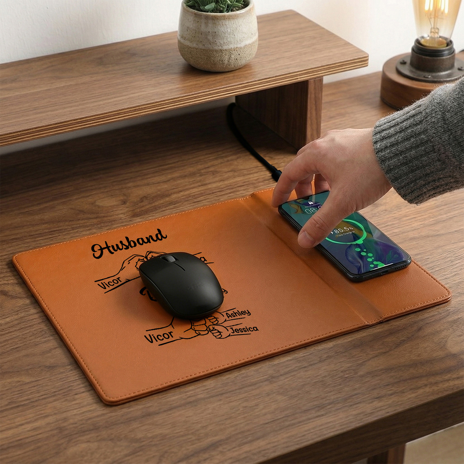Personalized Leather Desk Charging Mat With Wireless Function Custom With 1-8 Names
