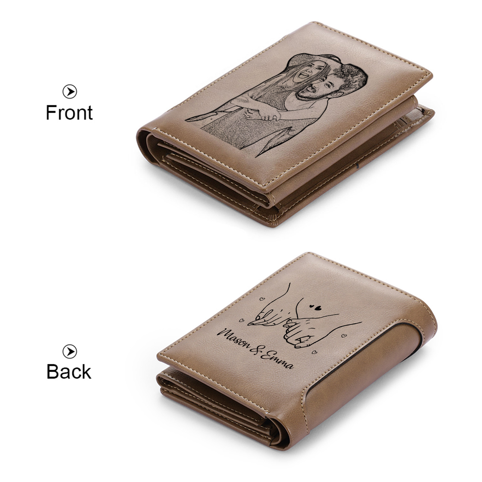 Personalized Men's Leather Wallet with Photo Couple's Pinky Promise Trifold Wallet