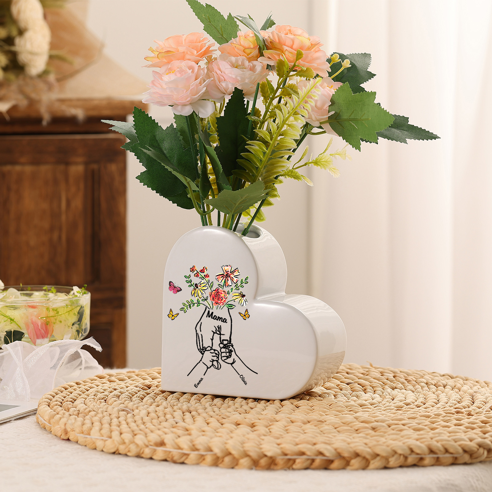 Personalized ceramic heart vase custom with text and 2–8 children’s names