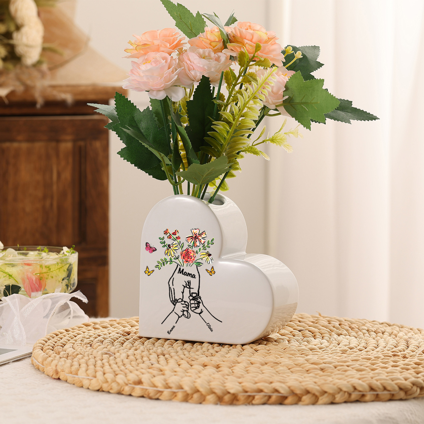 Personalized ceramic heart vase custom with text and 2–8 children’s names