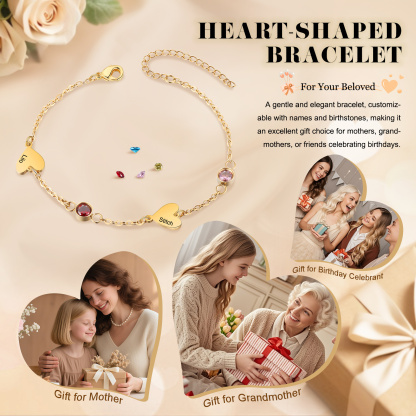 Personalized 1-5 Names Gold Heart Birthstone Chain Bracelet