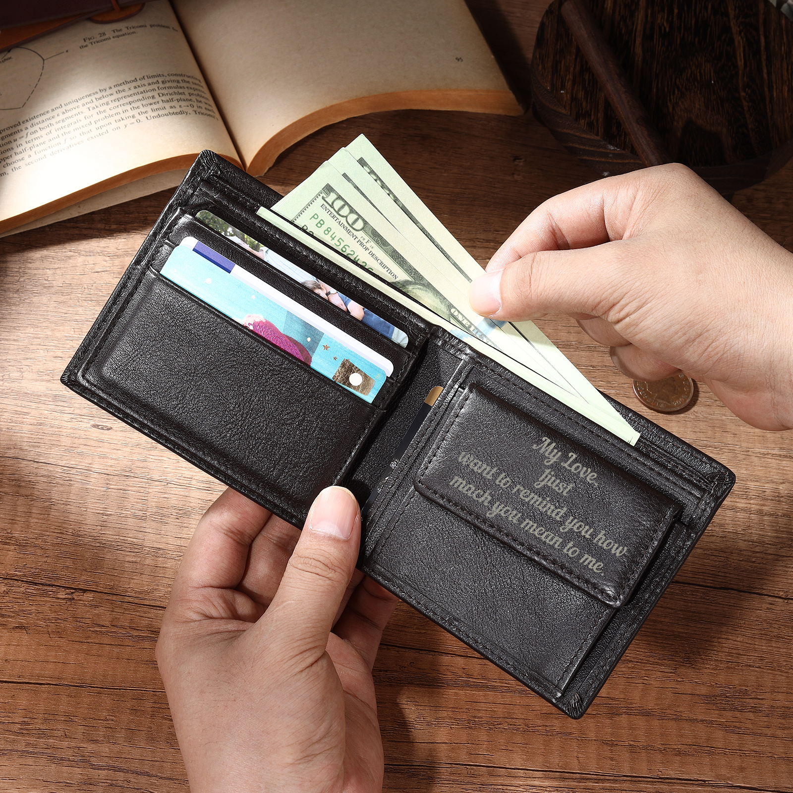 Personalized Leather RFID Bifold Wallet for Men with ID Window and Initial or Name Engraved