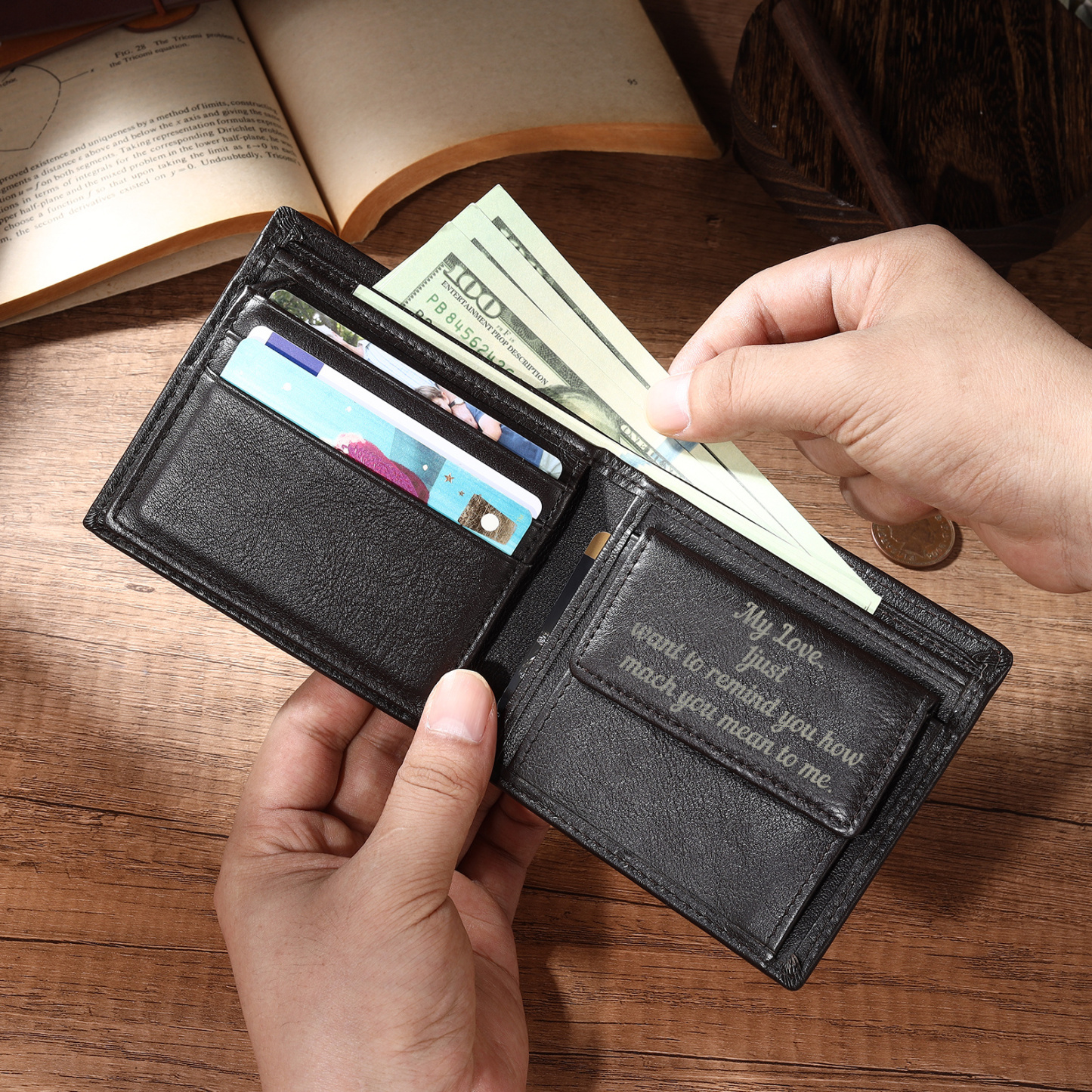 Personalized Leather RFID Bifold Wallet for Men with ID Window and Initial or Name Engraved