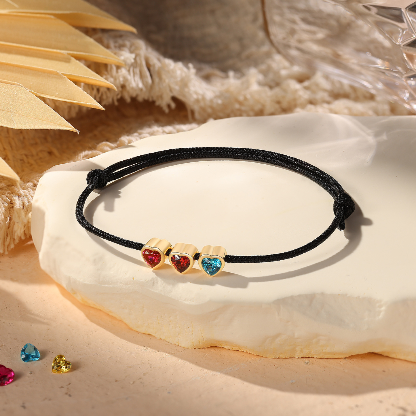 Personalized String Rope Bracelet Adjustable Custom with 2–5 Heart-shaped Birthstones Gift for Mom