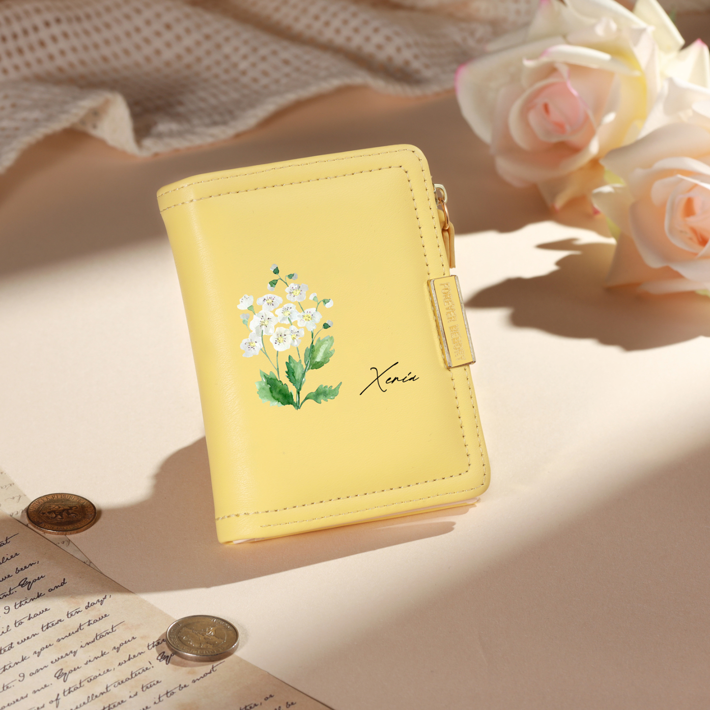 Personalized Women’s Leather Wallet Custom With Name And Birth Flower