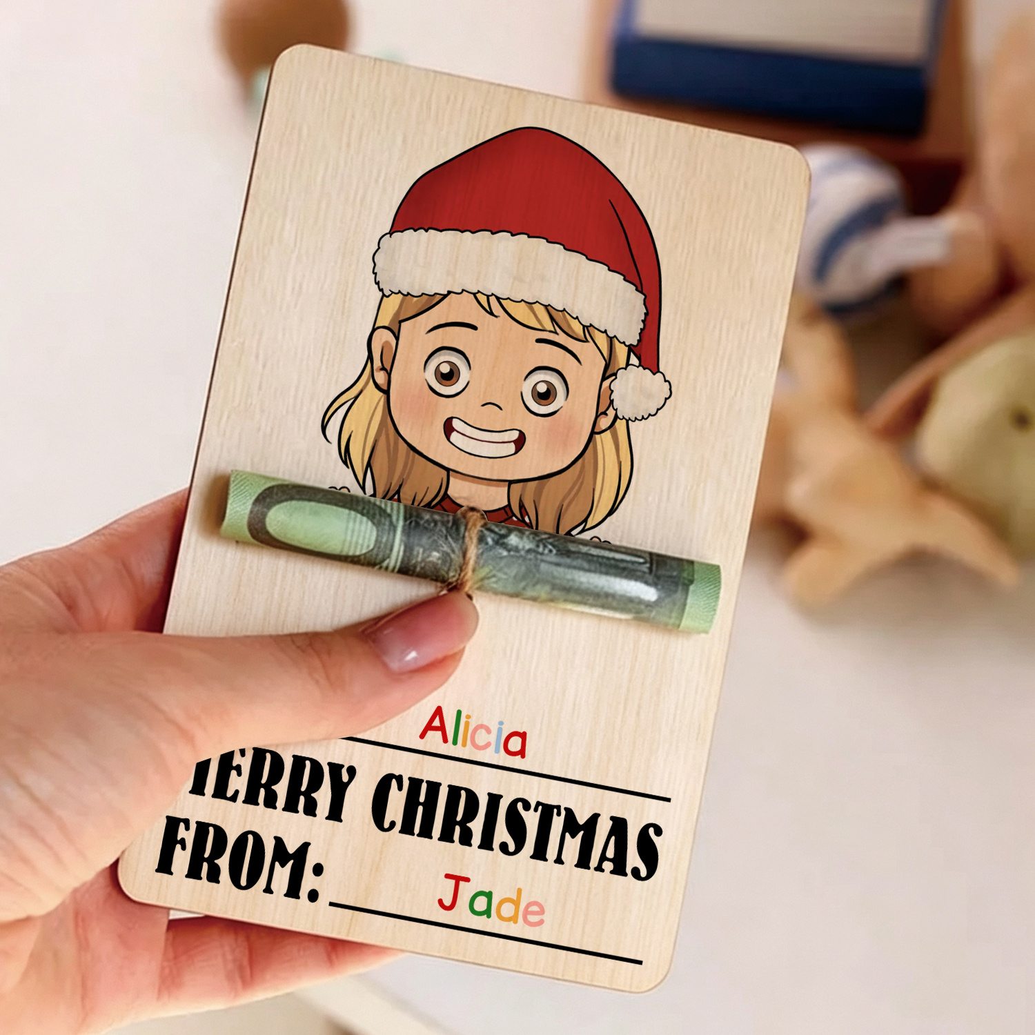 Personalized Wooden Christmas Money Holder with 2 Names Cash Gift Card for Child