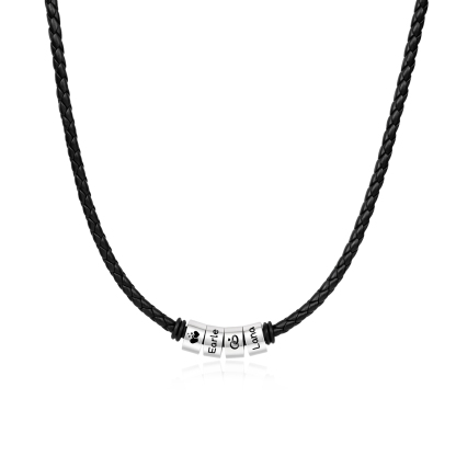 Personalized Braided Leather Necklace for Men Customized with 1–6 Names Beads