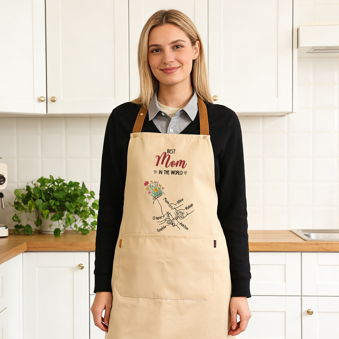 Personalized Floral Kitchen Apron Holding Hands Custom with 2–7 Names Gift for Mom or Grandma