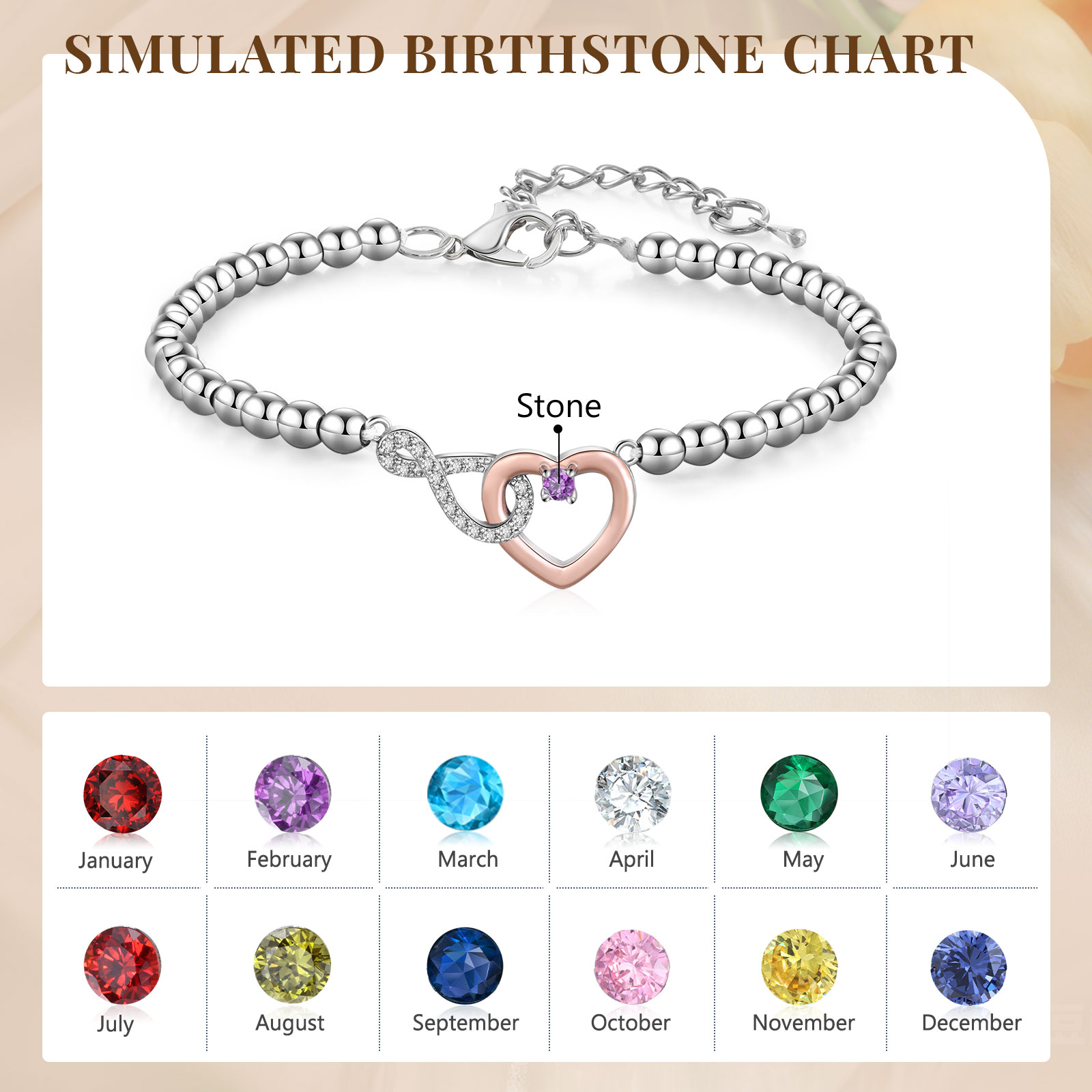 Personalized Mother Daughter Infinity Heart Birthstone Bracelet with Gift Card