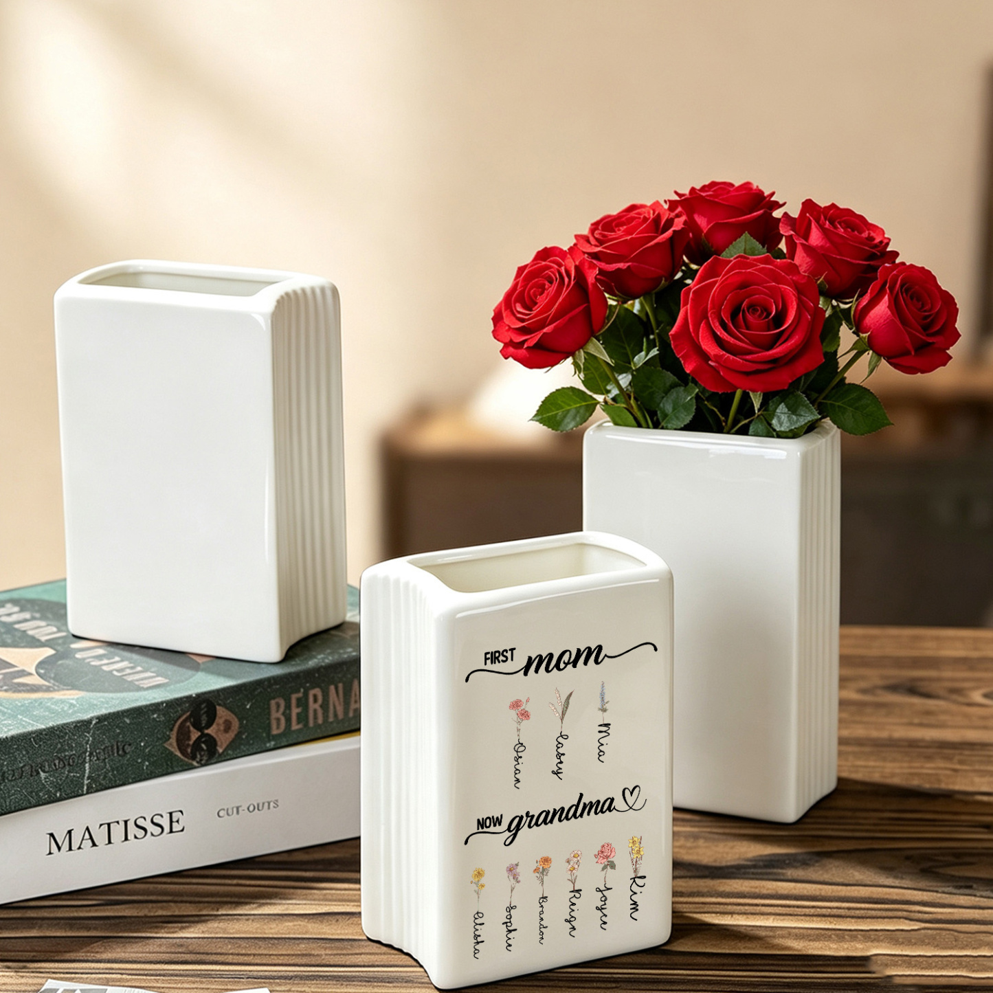 Personalized Ceramic Vase for Grandma Customized with 2-12 Names and Birth Flowers