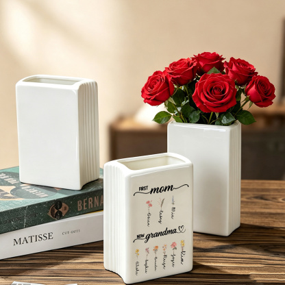 Personalized Ceramic Vase for Grandma Customized with 2-12 Names and Birth Flowers