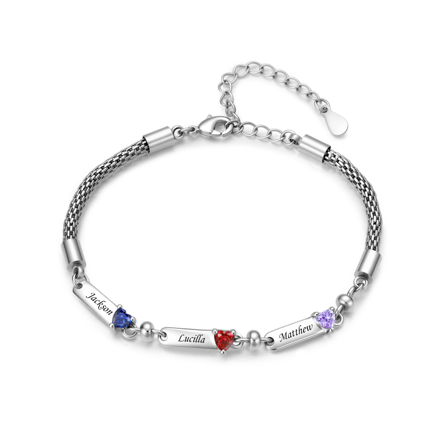 Personalized Braided Bracelet Customized With 1-5 Names And Heart-Shaped Birthstones