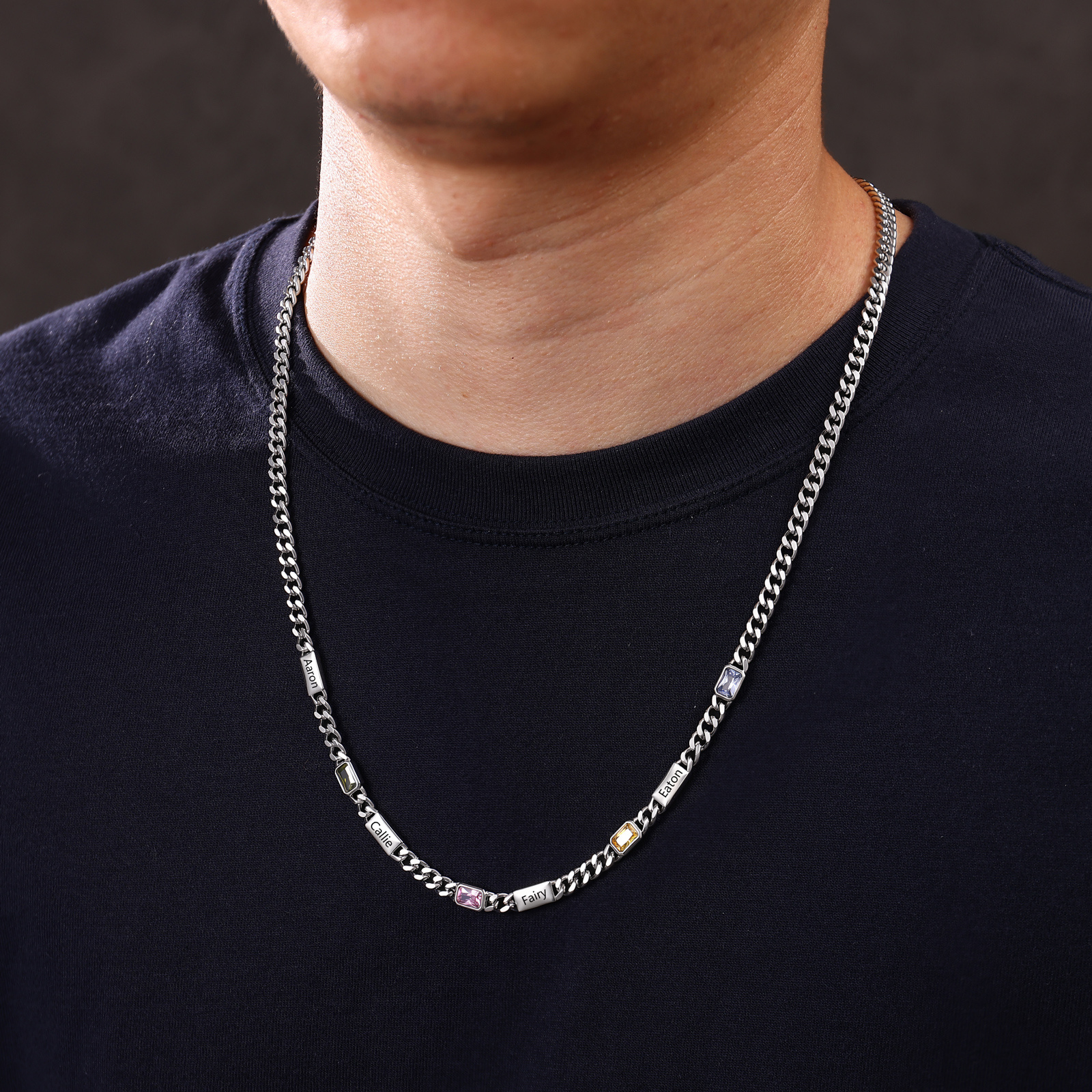Personalized Cuban Chain Men Necklace Custom With 1-6 Names And Birthstones Gift For Dad Or Husband