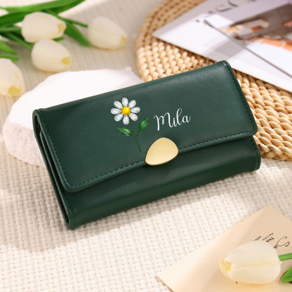 Personalized Long Women Leather Wallet Custom with Birth Flower and Name