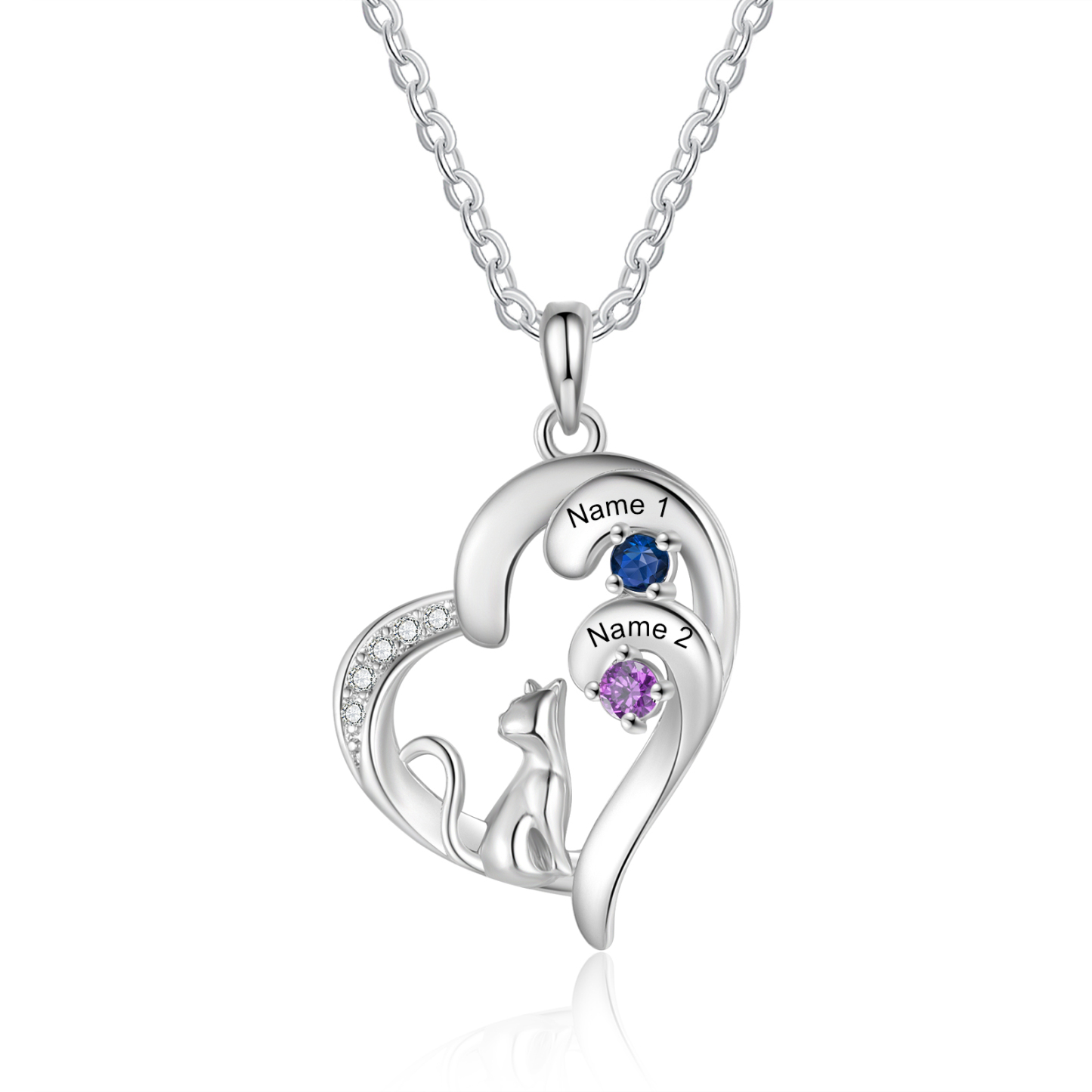 Personalized Cat Heart Necklace with 2–5 Birthstones and Names