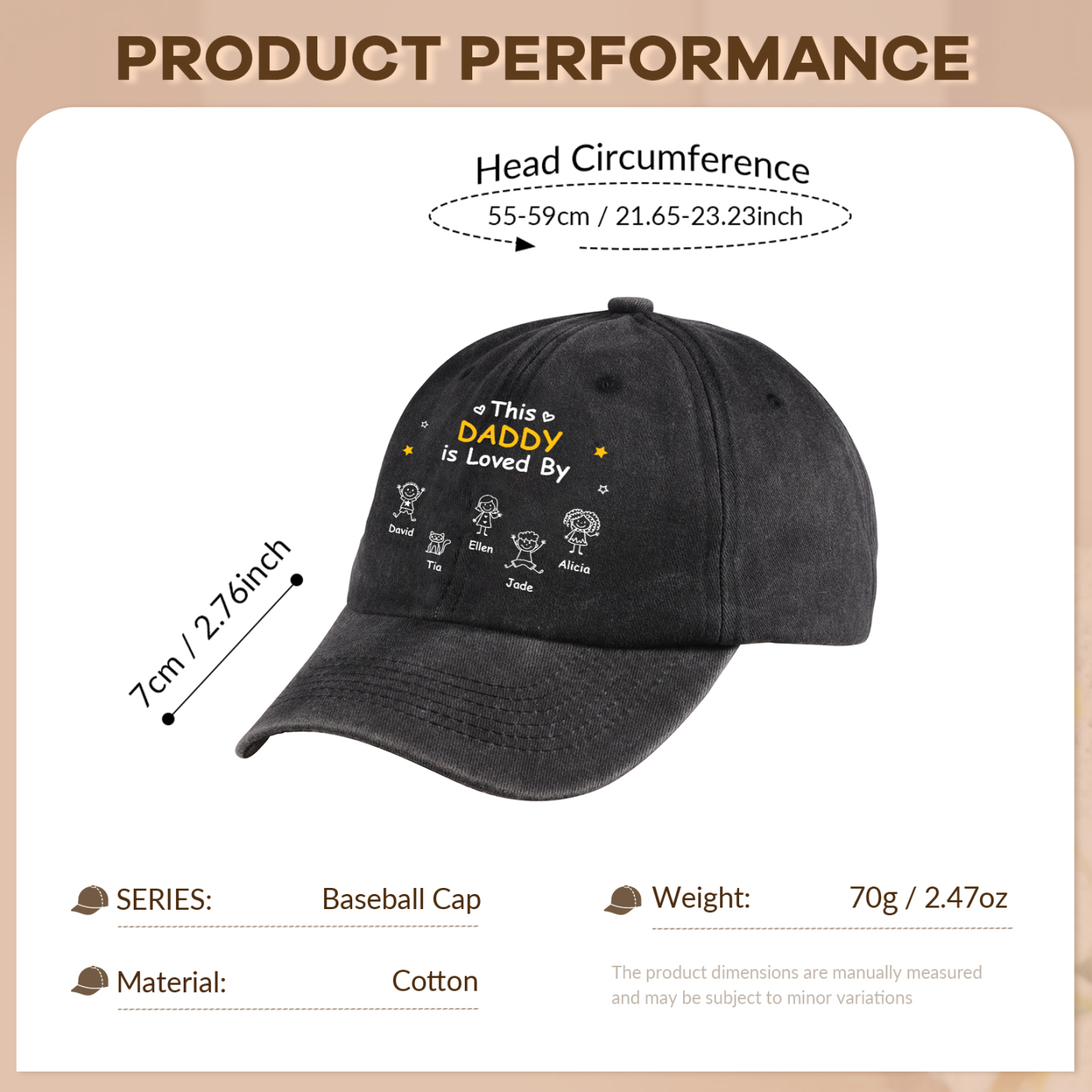 Personalized Cotton Baseball Cap Customized with 1–10 Names and a Child’s Drawing