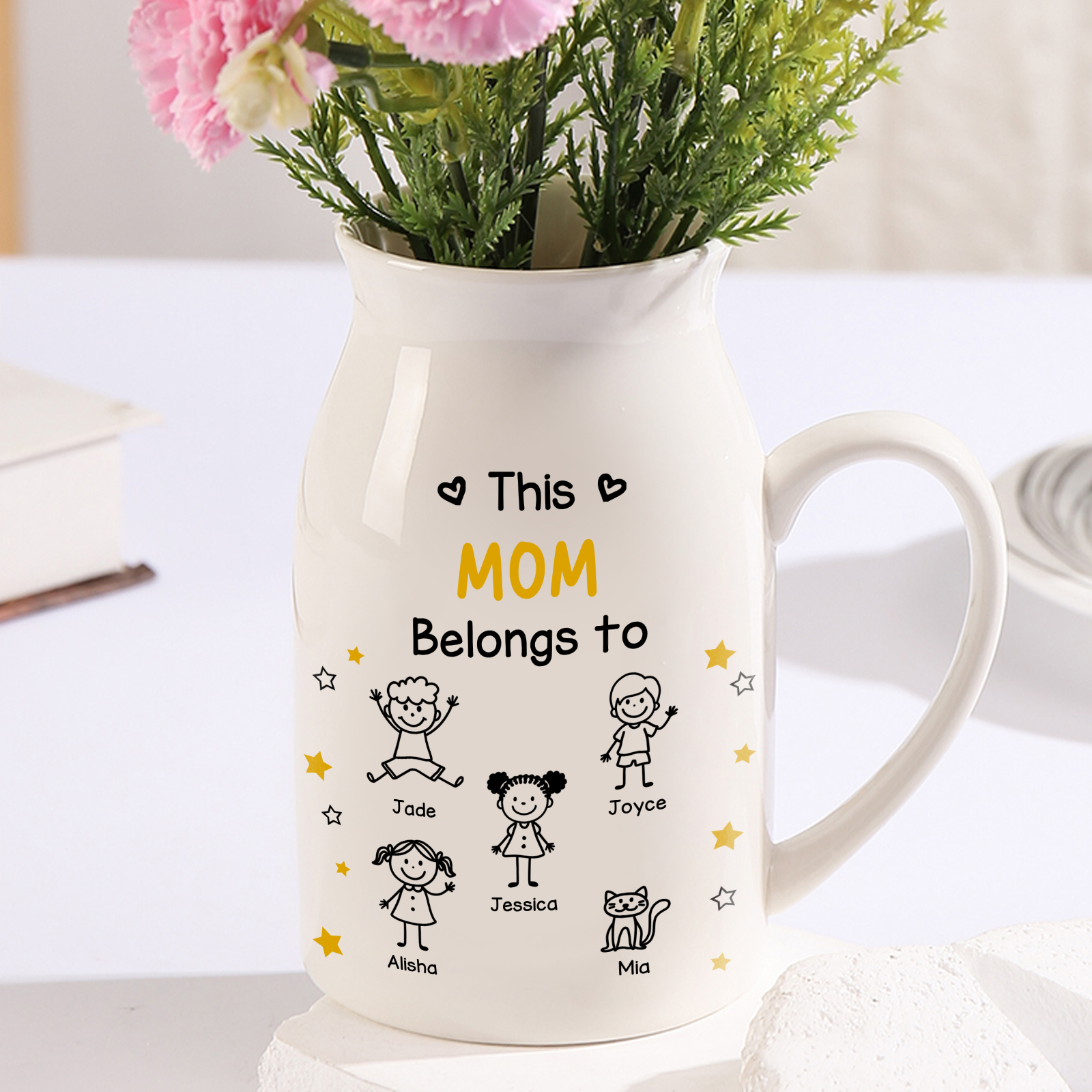 Personalized Ceramic Vase For Grandma Or Mom Customizable With 1-10 Names and Child Figures