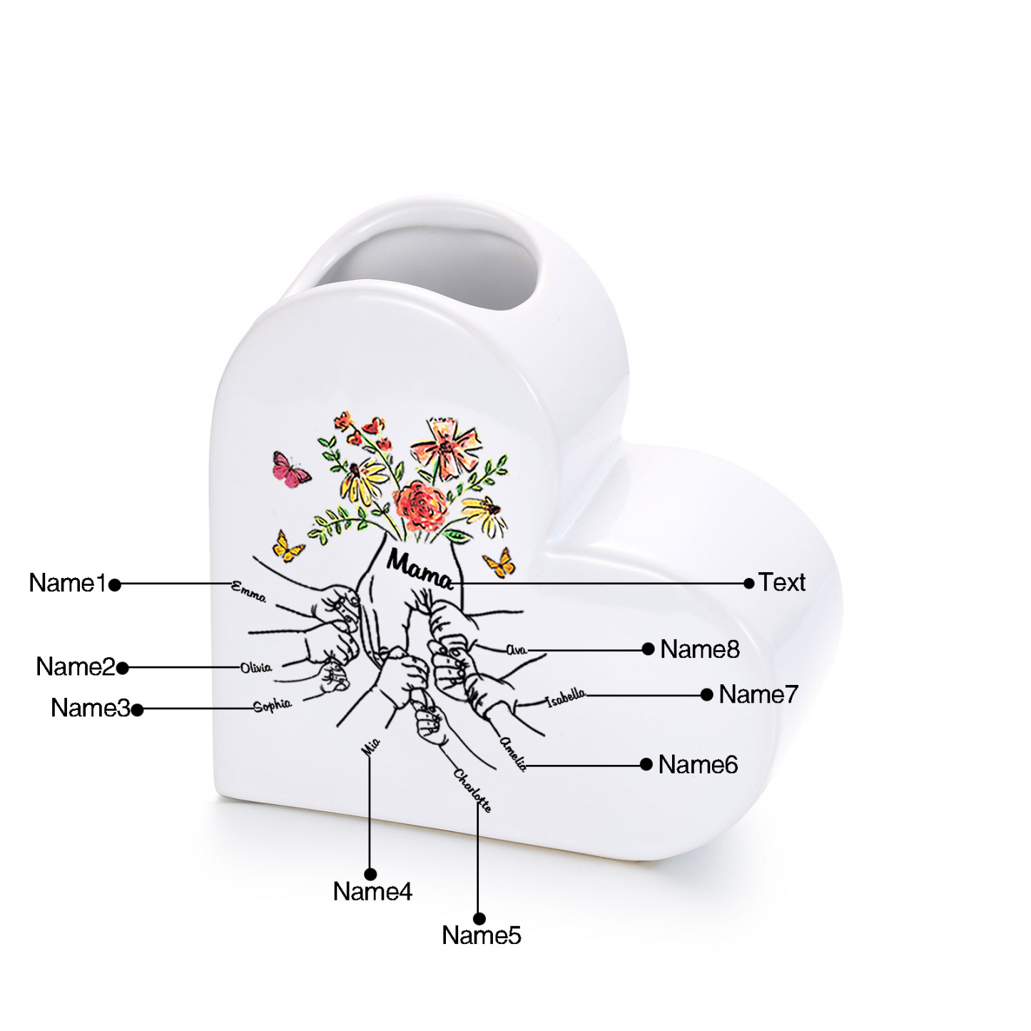 Personalized ceramic heart vase custom with text and 2–8 children’s names