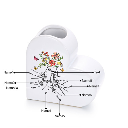 Personalized ceramic heart vase custom with text and 2–8 children’s names