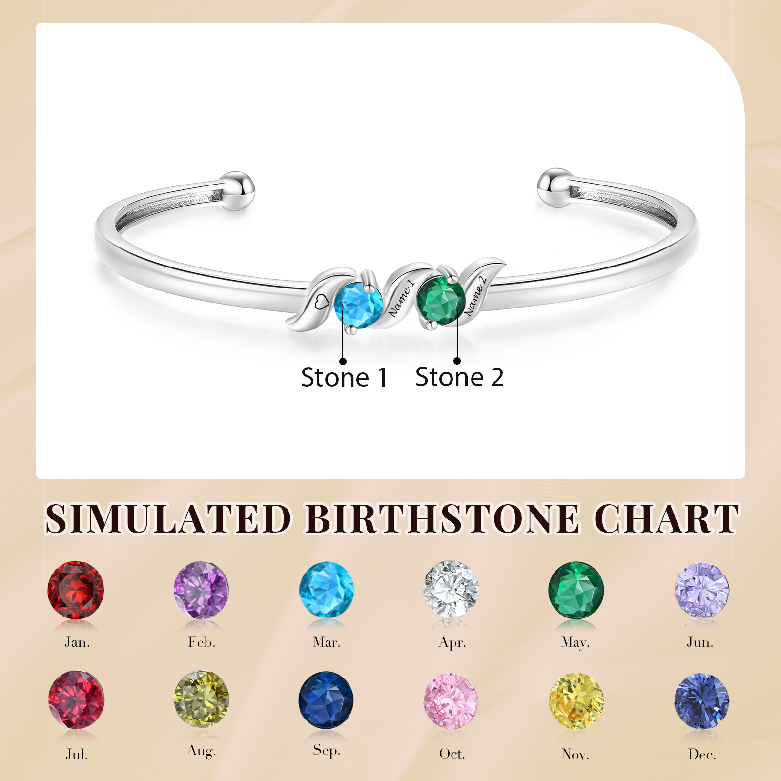 Personalized Women Birthstones Bangle Family Bracelet Customized With 1–5 Names Stones