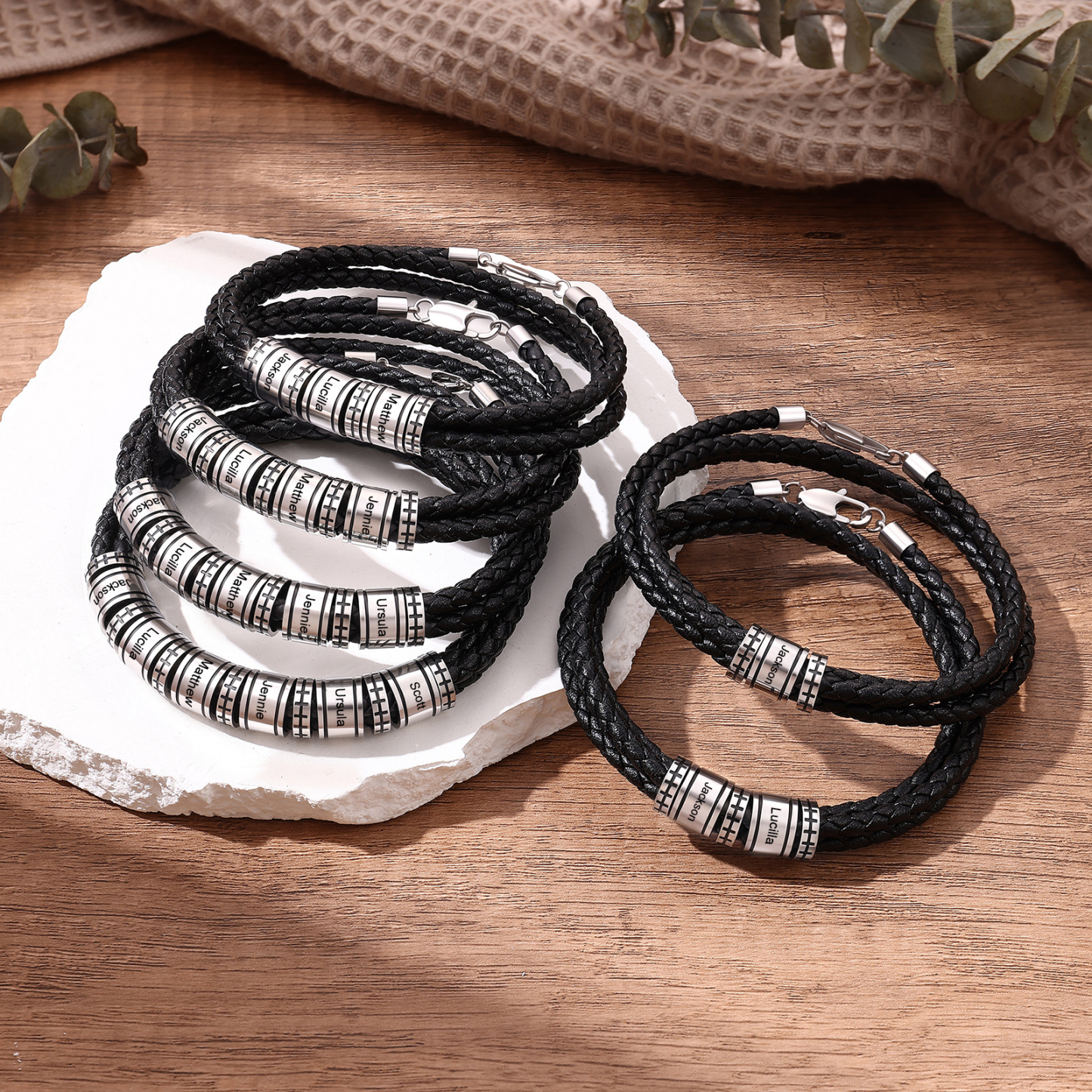 Personalized Men’s Braided Leather Bracelet Engraved Beads with 1 to 6 Names