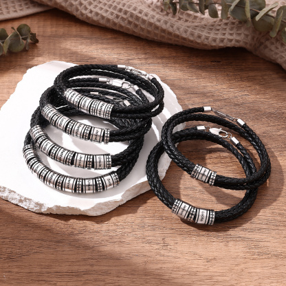 Personalized Men’s Braided Leather Bracelet Engraved Beads with 1 to 6 Names