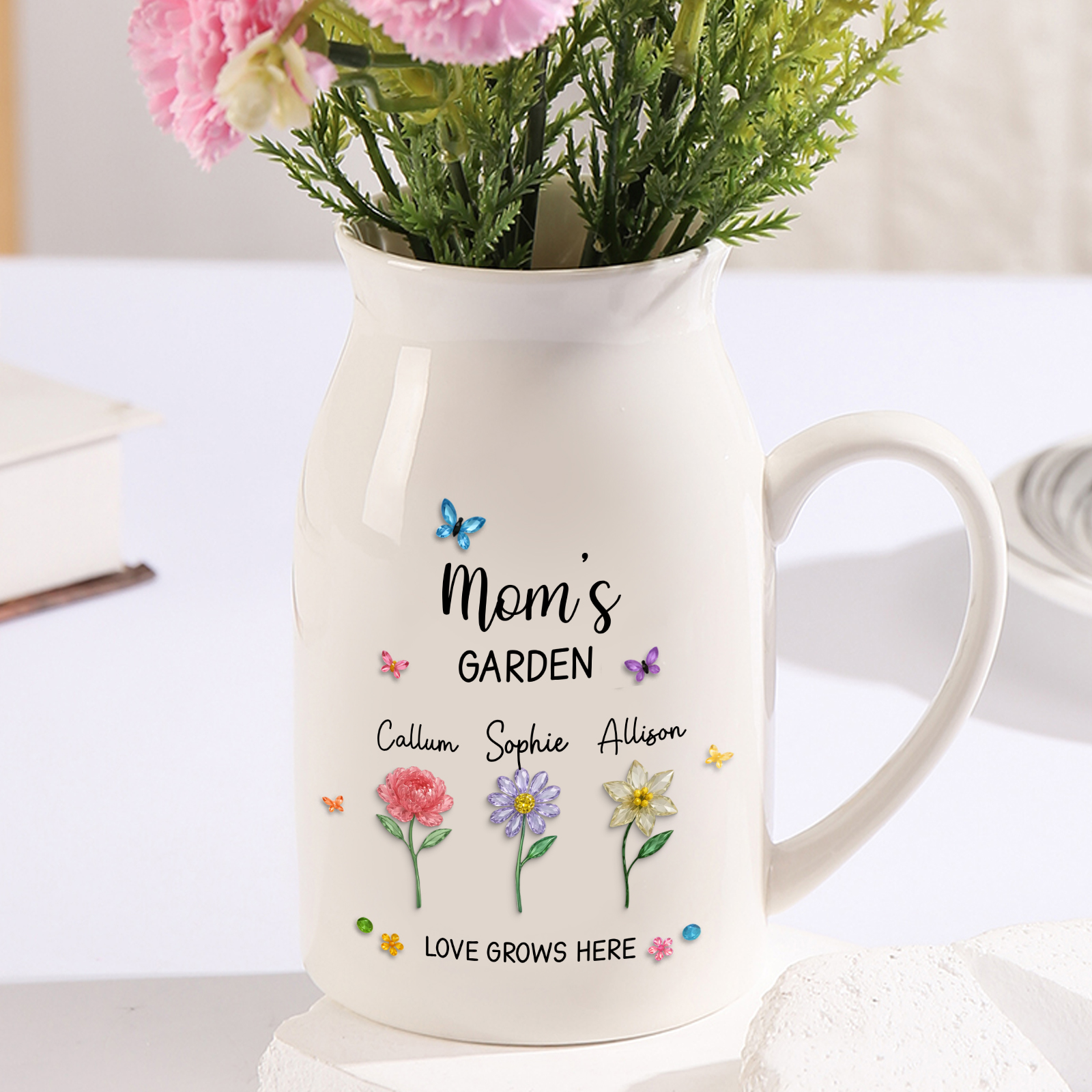 Personalized Mom’s Garden Ceramic Vase with 1–10 Birth Flowers and Names