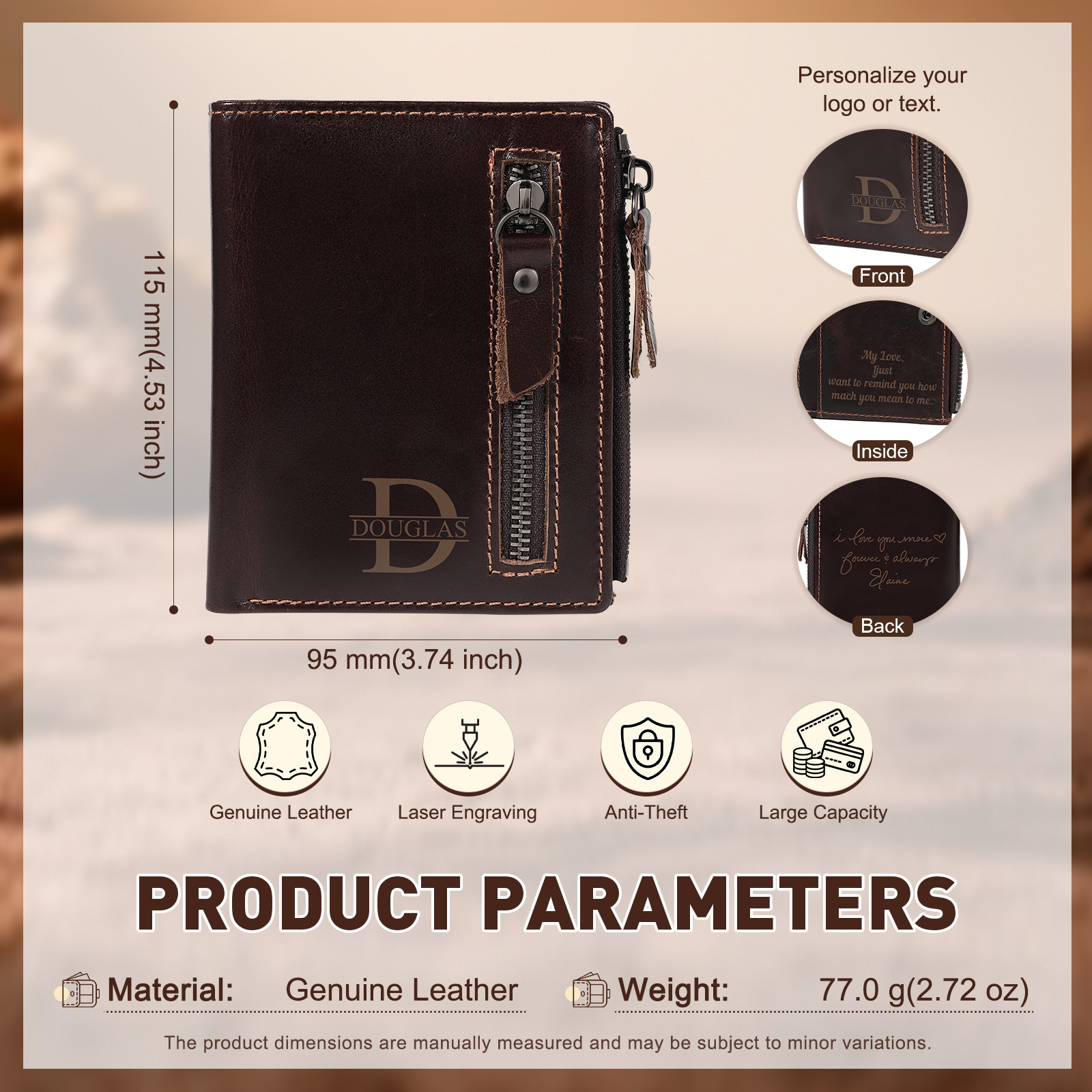 Personalized Leather RFID Bifold Wallet with Zipper for Men
