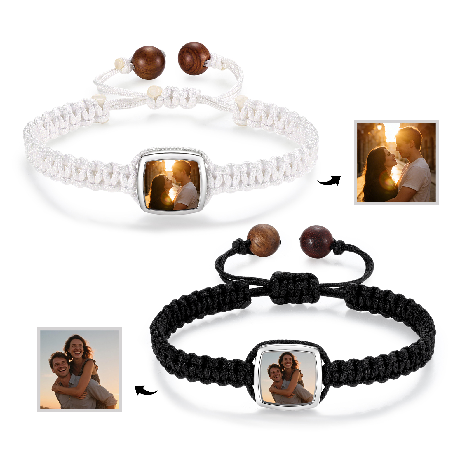 Personalized Photo Bracelet With Custom Text Adjustable Braided Bracelet for Couple