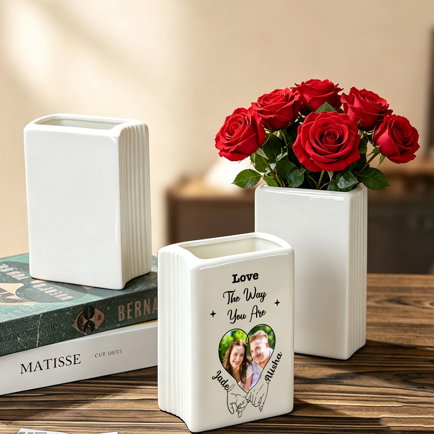 Personalized Heart Photo Book-Shaped Ceramic Vase for a Couple