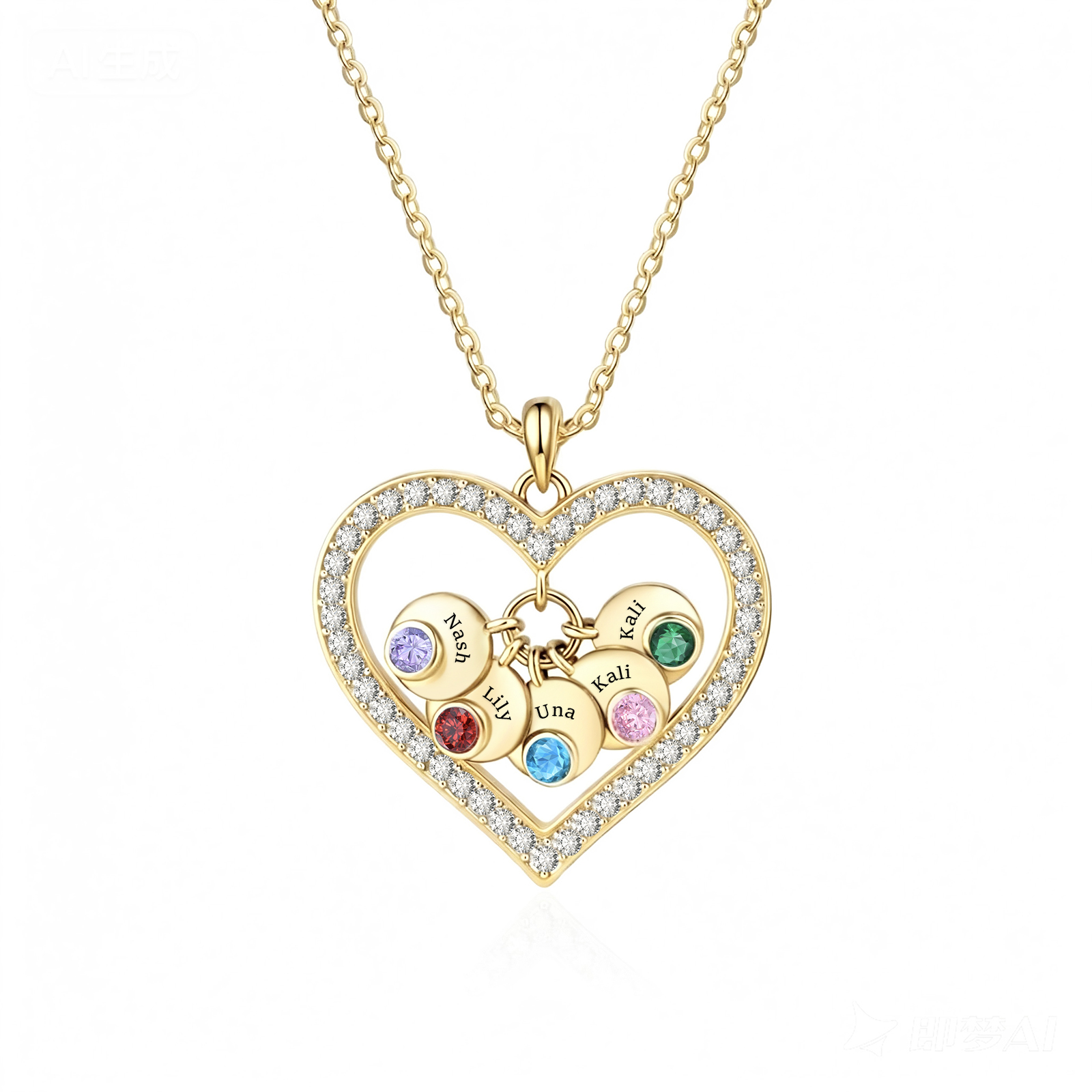 Personalized Heart Pendant Necklace Custom With 1-5 Names Birthstones
