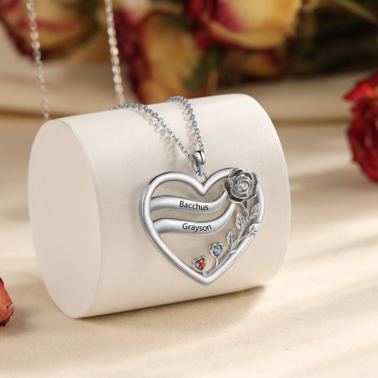 Personalized Rose Heart Birthstone Necklace Custom with 2–5 Names