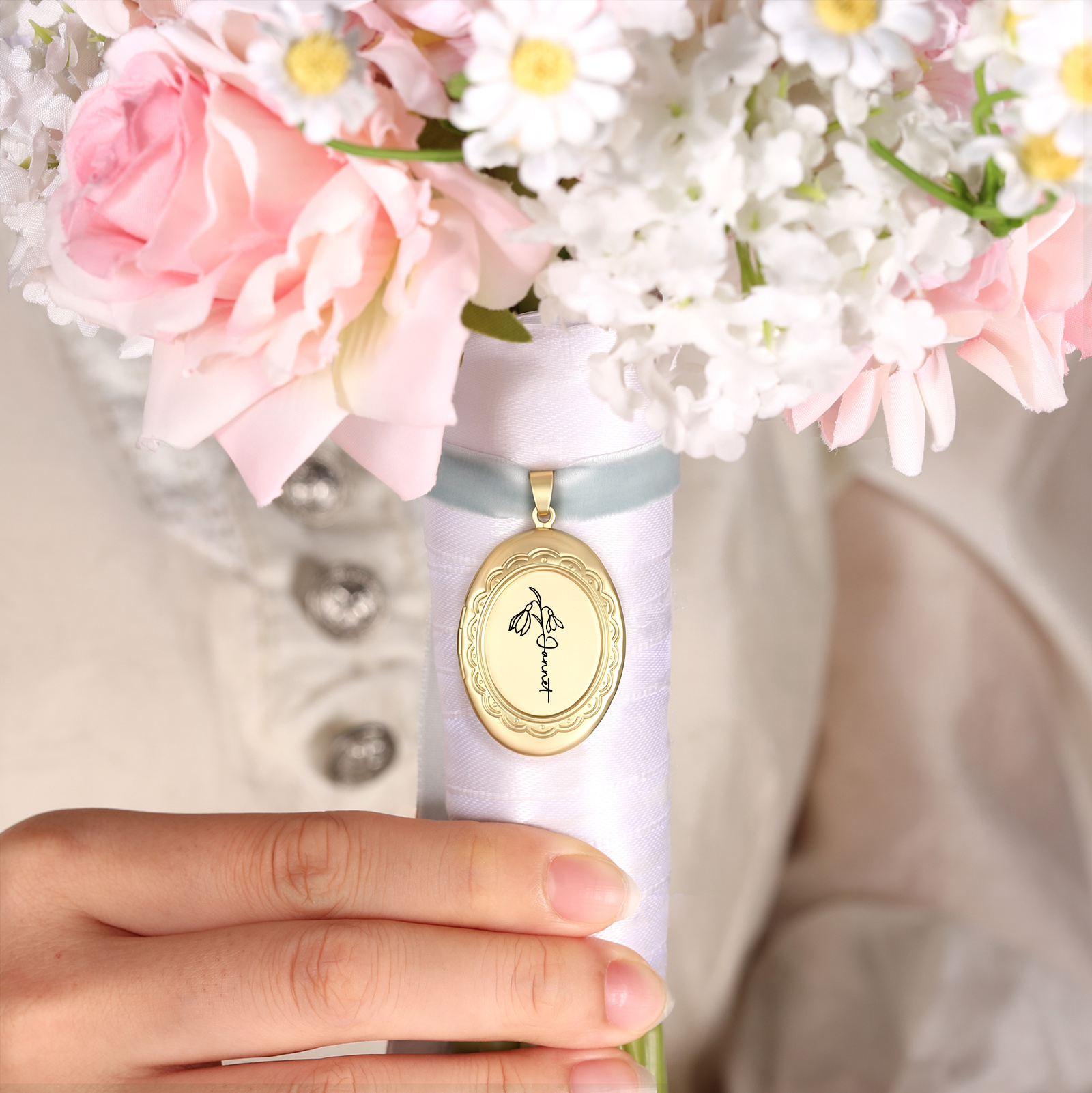 Personalized Photo Bridal Bouquet Charm with Birth Flower and Ribbon Memorial Wedding Keepsake