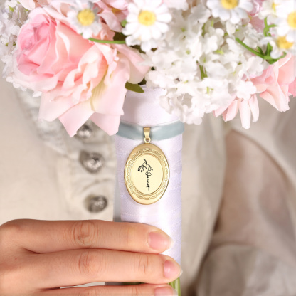 Personalized Photo Bridal Bouquet Charm with Birth Flower and Ribbon Memorial Wedding Keepsake