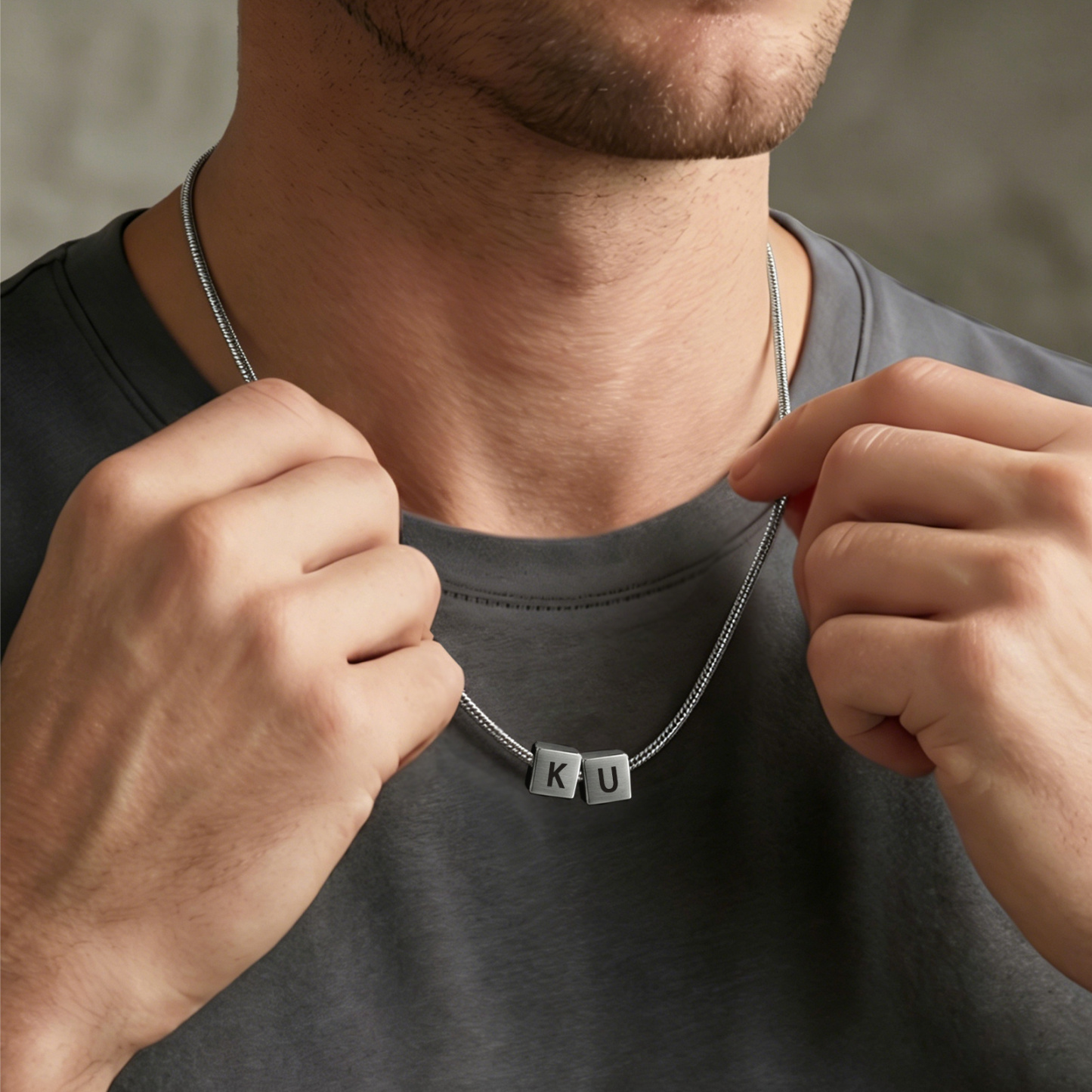 Personalized Men's Stainless Steel Necklace With Letter Cube Gift For Him