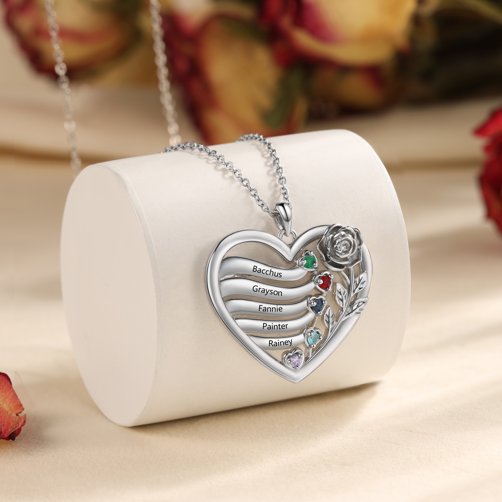 Personalized Rose Heart Birthstone Necklace Custom with 2–5 Names